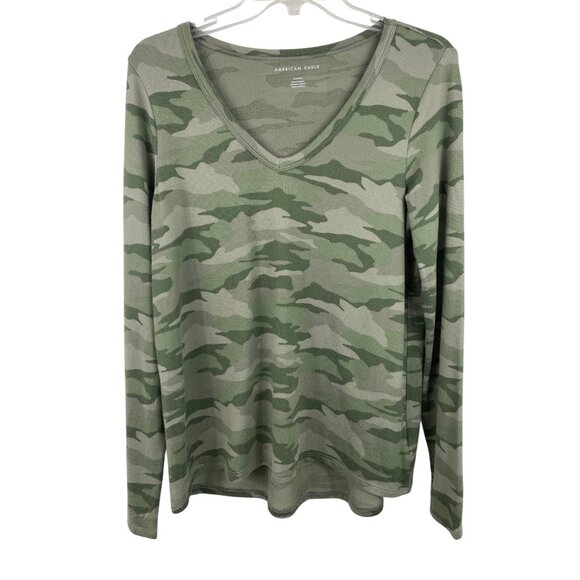 American Eagle Tops - American Eagle Green Camo Long Sleeve Pullover Shirt V Neck Women Size Medium